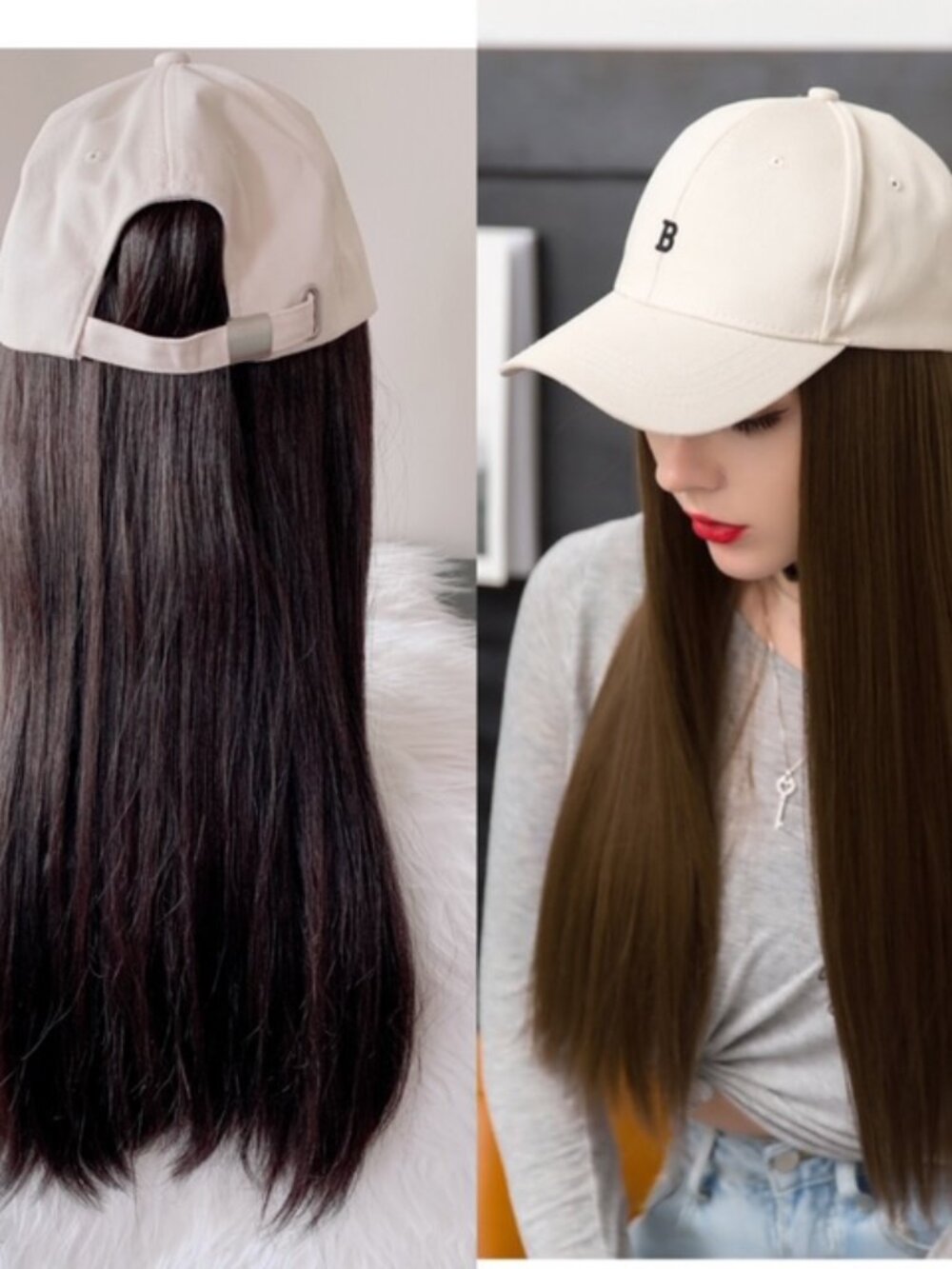 Baseball Hat With Long Straight Density Wig Hairpiece